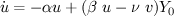 $ \dot{u}=-\alpha u + (\beta~u-\nu~v)Y_0 $