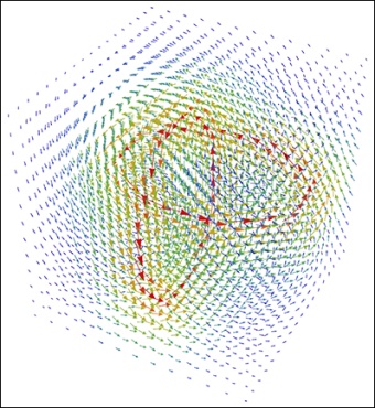 Вид  магнитного поля, которое существовало бы в наше время в  случае  образования двух связанных замкнутых космических струн в  молодой  Вселенной (иллюстрация авторов работы).